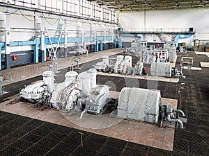 Example of chemical production interior. High pressure nitrogen turbine compressor as part of large modern chemical plant gas