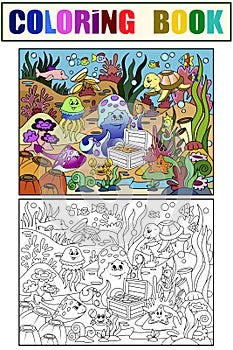 Example. Children color and coloring book, underwater world. Marine nature, animals and fish.