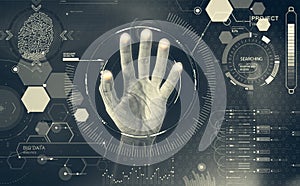 Example of HUD interface. Interaction with icons, hand on touch screen that selects graphic elements.