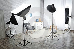 Example of living room interior design and professional equipment in studio