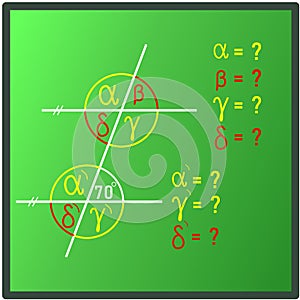 An example from mathematics on a green board - supplementing the sizes of angles
