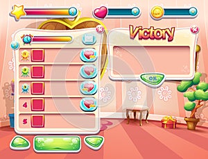 An example of one of the screens of the computer game with a loading background bedroom princess, user interface and various