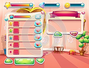 An example of one of the screens of the computer game with a loading background bedroom princess, user interface and various