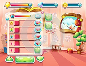 An example of one of the screens of the computer game with a loading background bedroom princess, user interface and various
