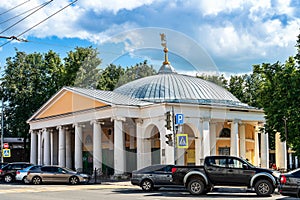 Russia, Yaroslavl, July 2020. An old trade pavilion in a classic style on the city square.