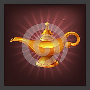 Example of receiving the cartoon golden achievement magic lamp with genie for game screen.