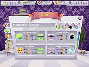 Example of shop window for a computer game. Selling items, boosters