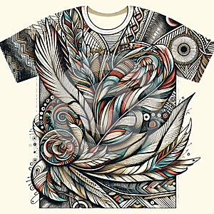 Example, T-shirt design in the form of anti-stress feathers. Color picture raster generative ai.