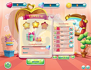 Example of the user interface of a computer game. Window complete a level.