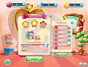 Example of the user interface of a computer game. Window complete a level.