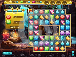 Example of the user interface and the playing field for a computer game three in a row. treasure hunt