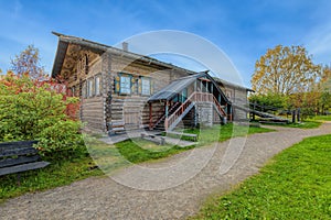 Example of well preserved typical northern Russia ancient wooden log farmhouse in a craft and museum tourist centre Verkhniye