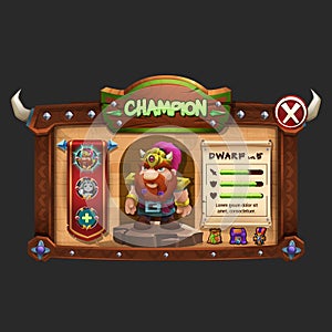 Example of wooden board user interface of game. Window Champions for choice character.