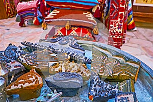 The examples of traditional Iranian qalamkar block-printing stamps, Al Souk al Kabir Old Market in Dubai, UAE