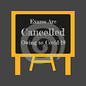 Exams are cancelled owing to covid-19 on a blackboard and easel - Vector EPS illustration