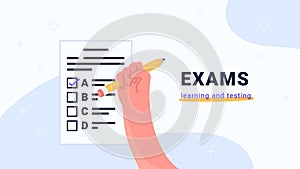 Exams learning and testing. Flat vector illustration of human hand pointing to yellow bulb