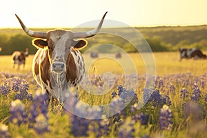 exas Longhorns bull in a field full of bluebonnets, golden hour time, close up portait shot