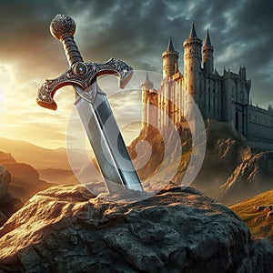 Excalibur. The mythical sword in the stone. Camelot castle on background