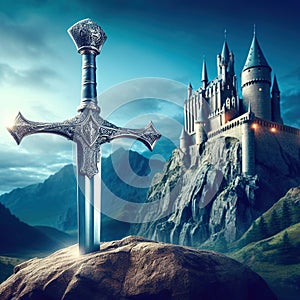 Excalibur. The mythical sword in the stone. Camelot castle on background