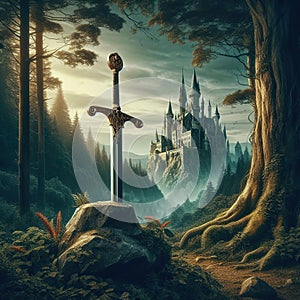 Excalibur. The mythical sword in the stone. Camelot castle on background