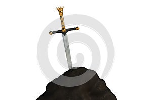 Excalibur sword in the stone isolated on white background
