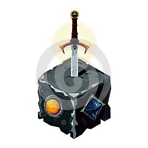 Excalibur sword in a stone. Legendary weapon. Cartoon vector illustration. Video game asset. photo