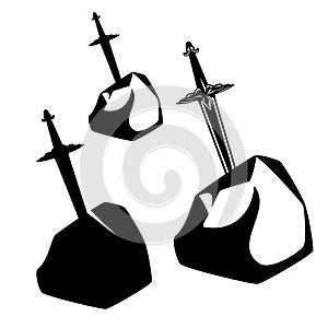 Excalibur sword in stone rock black vector outline