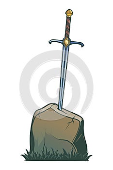 Excalibur Sword trapped in stone. Iconic scene from the Medieval European stories about King Arthur.