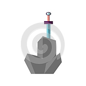 Excalibur vector flat illustration. Icon of sword, stucked in grey stone. Iconic scene from the Medieval European