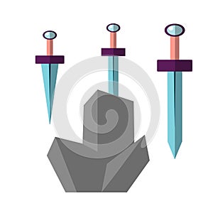 Excalibur vector flat illustration. Icon of sword, stucked in grey stone. Iconic scene from the Medieval European