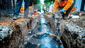 Excavated pipeline section with construction machinery in a busy urban setting.