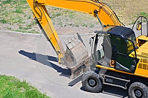 Excavating machine on construction site