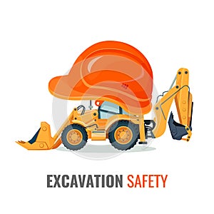 Excavation safety promo poster with excavator in helmet