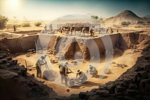 excavation site with team of archaeologists, working to uncover the past