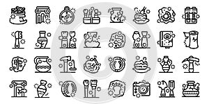Excavation tools icons set outline vector. Inventory ancient