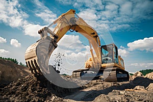 Excavator in action, reshaping earth at construction site