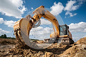 Excavator in action, reshaping earth at construction site