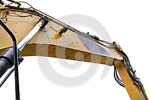 Excavator arm with visible oil cylinders and hydraulic hoses, isolated on a white background with a clipping path.