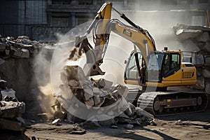 Excavator breaking rock and concrete on construction site. Generative AI