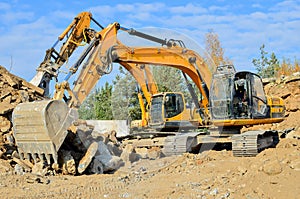 Excavator bucket Heavy equipment preparers construction job site. Digging bucket. bulldozer