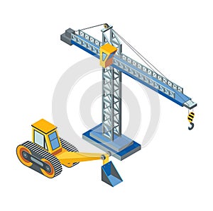 Excavator with Bucket, Lifting Crane Construction