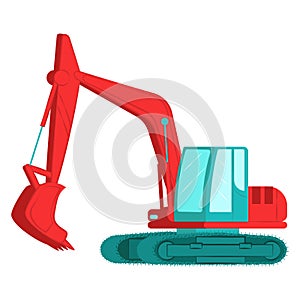 Excavator with bucket, professional construction vehicle equipment, land work flat vector illustration, isolated on