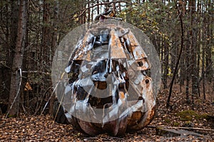 Excavator bucket used to remove radiative equipment and transport in Chernobyl ghost town