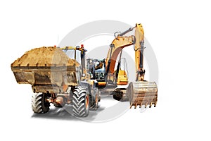 Excavator and bulldozer loader close-up on a white isolated background.Construction equipment for earthworks. element for design