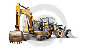 Excavator and bulldozer loader close-up on a white isolated background.Construction equipment for earthworks. element for design