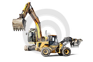 Excavator and bulldozer loader close-up on a white isolated background.Construction equipment for earthworks. element for design.