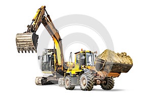 Excavator and bulldozer loader close-up on a white isolated background.Construction equipment for earthworks. element for design.