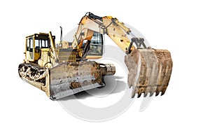 Excavator and bulldozer loader close-up on a white isolated background.Construction equipment for earthworks. element for design.