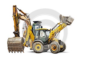 Excavator and bulldozer loader close-up on a white isolated background.Construction equipment for earthworks. element for design.