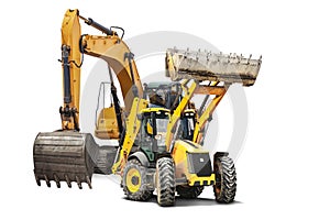 Excavator and bulldozer loader close-up on a white isolated background.Construction equipment for earthworks. element for design.